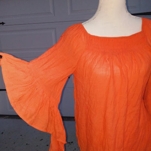 boho orange guaze hi low peasant top with bell  tiered elephant sleeve ruffles - Picture 1 of 11